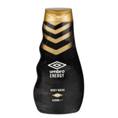 Black and gold bottle of Umbro Energy Body Wash, 400ml, with chevron design, conveying a sporty and invigorating feel.