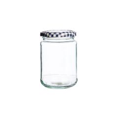 Clear glass jar with a blue and white checkered metal lid, isolated on a white background.