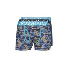 Two pairs of boxer briefs; one in blue camo with a turquoise waistband and trim, the other solid navy. "CROSSHATCH" is printed on the waistbands.