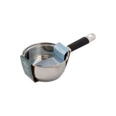 Stainless steel saucepan with black handle, labeled as 14 cm. Glossy finish, with measurement markings inside. Product info tag attached, conveying a modern tone.