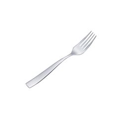 A sleek stainless steel fork with four tines displayed on a plain white background. The utensil reflects light, conveying a clean and modern elegance.