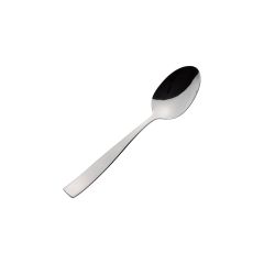 Sleek stainless steel spoon with a polished finish, set against a plain white background. The spoon reflects light, emphasizing its shiny surface.