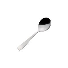 A shiny stainless steel spoon with a smooth, curved handle and an oval bowl, set against a plain white background, conveying simplicity and elegance.