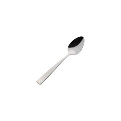 A shiny stainless steel teaspoon with a sleek, modern design lies on a white background, reflecting light, conveying a sense of cleanliness and simplicity.
