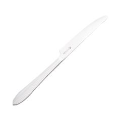 Sleek silver butter knife with a narrow, curved blade and a smooth handle. The blade features engraved text, set against a white background.