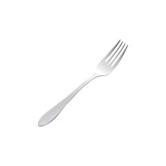 A shiny silver fork with a simple, elegant design is centered on a white background. The fork has four tines and a smooth handle, conveying a clean, minimalist tone.