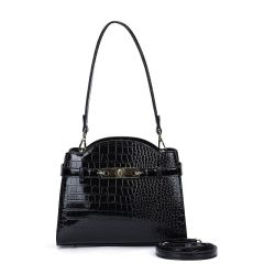 Elegant handbag in black crocodile texture with leather accents. Features a top handle, detachable strap, and decorative buckle. Stylish and sophisticated.