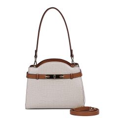 Elegant handbag in beige crocodile texture with brown leather accents. Features a top handle, detachable strap, and decorative buckle. Stylish and sophisticated.