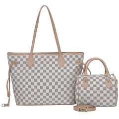 Gessy Checkered White/Beige Tote Bag with Small Handbag 2 Piece Set