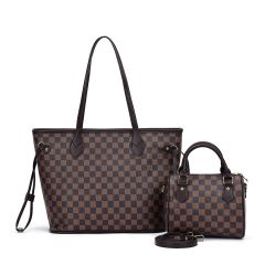 Gessy Checkered Coffee Tote Bag with Small Handbag 2 Piece Set
