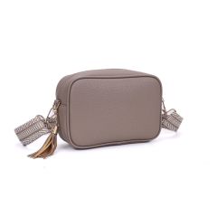 Khaki crossbody bag with a textured finish, gold hardware, and a decorative tassel. It features a wide, patterned strap, adding a stylish touch.