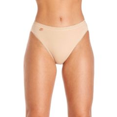 Person wearing beige high-cut underwear, showing a close-up of the waist and upper legs against a white background.