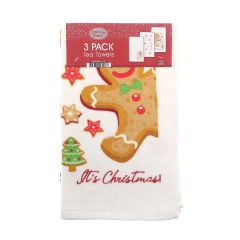 100% Cotton 3 Pack Christmas Tea Towels – Gingerbread Man festive design in soft velour cotton