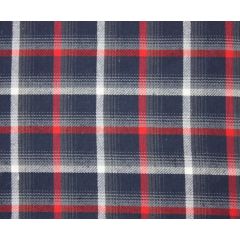 Navy tartan fabric with bold red, white, and grey checks.