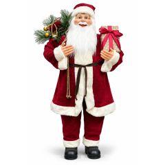 Traditional Christmas caroller family of four in red and tartan outfits holding songbooks, with a decorative lantern and gift bag