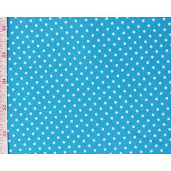 Turquoise pin-dot fabric shown flat beside a measuring tape.