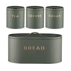 Four green kitchen canisters with gold lettering: tea, coffee, sugar, and a larger bread box. Minimalist design, conveying simplicity and organization.