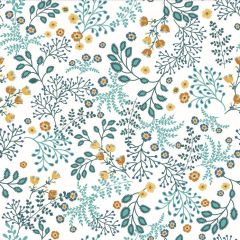 Floral pattern with blue, yellow, and orange flowers and green leaves on a white background, creating a delicate and intricate design.