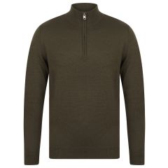 Khaki quarter-zip sweater with a ribbed collar, cuffs, and hem, featuring a silver zipper pull on a plain background.