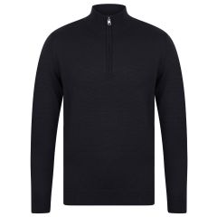 Ink colour quarter-zip pullover sweater with a high collar and ribbed cuffs, displayed against a white background.