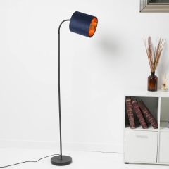 Hove Metal Floor Lamp with Velvet Navy Shade and Copper Lining