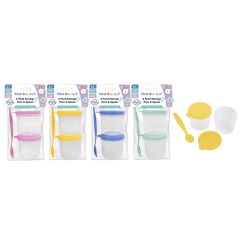 Pack of 2 BPA free baby food storage pots with resealable lids and weaning spoon in assorted colours
