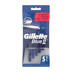 Blue packaging of Gillette Blue II razors, featuring five disposable razors, with "Long Lasting Blades" text and a chrome-coated blade image.