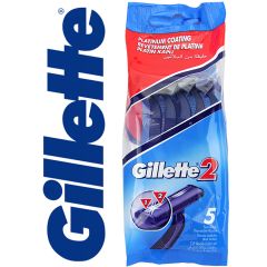 Package of Gillette 2 razors with blue and red design, featuring five twin-blade disposable razors. Prominent Gillette logo on the side.