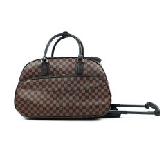 Brown checkered rolling duffel bag with black leather handles and extended retractable handle. The design is elegant and classic.