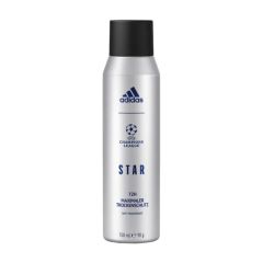 Silver Adidas deodorant spray with a black cap. Labeled "Champions League," "STAR," offering "72H Maximal Dry Protection," conveying a sporty feel.