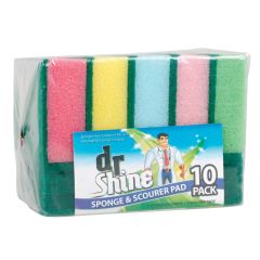 Pack of colorful sponges and scourers with pink, yellow, blue, and green pads. Labeled "dr Shine" with a cartoon character and "10 Pack" text.