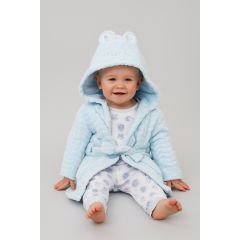 Baby wearing a light blue hooded bathrobe with embroidered “Little and Loud” design and matching printed cotton pyjamas with blue teddy bear patterns.