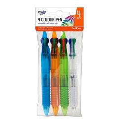 Pack of 4 retractable multi-colour pens with soft rubber grips in blue, orange, green and clear barrels.
