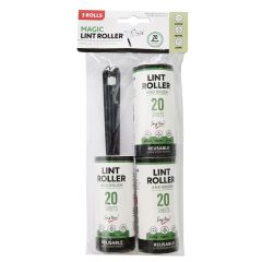 Packaging containing three lint rollers labeled "Magic Lint Roller," with "20 sheets" each. Emphasizes reusability and versatility for home, office, and travel.