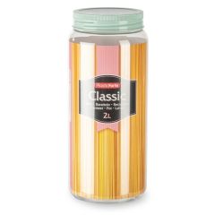 A clear plastic canister with a mint green lid, containing long multicolored sticks. The label reads "PlasticForte Classic" and indicates a 2-liter capacity.