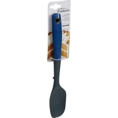 Silicone spoonula with a blue handle, packaged in a card showing a cake. Brand name "Trudeau" visible on the packaging.