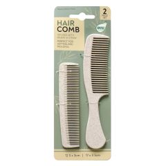 Two eco-friendly hair combs on a package, made with wheat and straw. The set includes a small and a large comb, labeled for setting and molding hair.