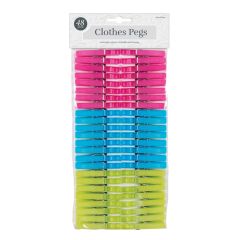A pack of 48 clothes pegs in vivid pink, blue, and green, arranged in neat rows. The label reads "Clothes Pegs" with added description below.