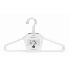A set of white, laminated coat hangers is neatly stacked, showcasing a label that reads "Coat Hanger" with "Durable and strong" below. Simple and functional.