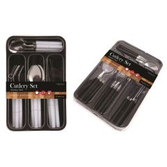 Packaged cutlery set showing spoons, forks, and knives with black handles. The label reads "Stainless Steel, 24-piece set" in a sleek, modern design.