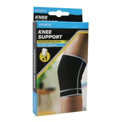 Packaging for a sports knee support, featuring a close-up image of a knee wearing the black support. Text highlights joint discomfort improvement.