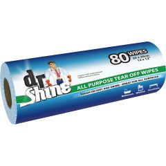 A blue and white packaging for Dr. Shine all-purpose wipes, featuring a cartoon man in a lab coat. Labels highlight 80 wipes, tough on dirt, and suitable for bathroom, kitchen, and furniture.