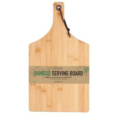 Rectangular bamboo serving board with a handle and brown cord. A label reads "Bamboo Serving Board, lightweight and durable," conveying eco-friendly use.