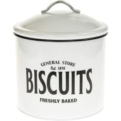 White biscuit tin with a lid, labeled "General Store Est. 1816 BISCUITS Freshly Baked" in black lettering.