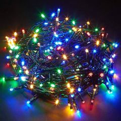 Coiled 500-LED multicolour Christmas lights with red, green, blue and yellow bulbs illuminated