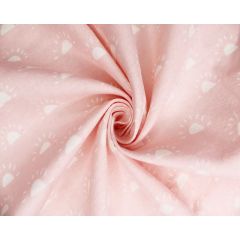 White chiffon fabric scattered with tiny purple and pink flowers and green leaves.