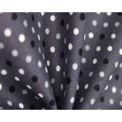White chiffon fabric scattered with tiny purple and pink flowers and green leaves.