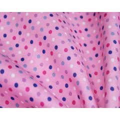 White chiffon fabric scattered with tiny purple and pink flowers and green leaves.