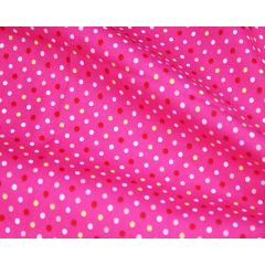 Electric blue fabric with tiny navy, white, and lime dots draped in soft folds.