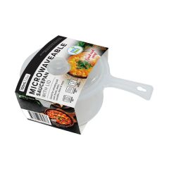 Clear microwaveable saucepan with lid, labeled for reheating meals. Packaging shows vibrant dishes, BPA-free label, and a handle. Functional and straightforward design.